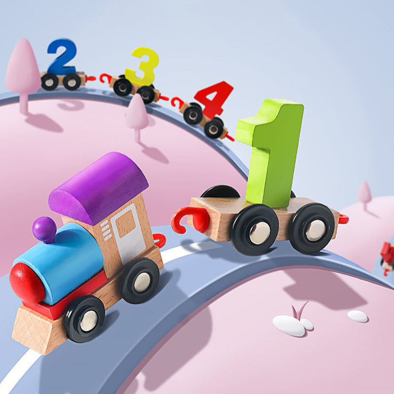 Digitalt magnetiskt tågpussel med leksaksbil i trä