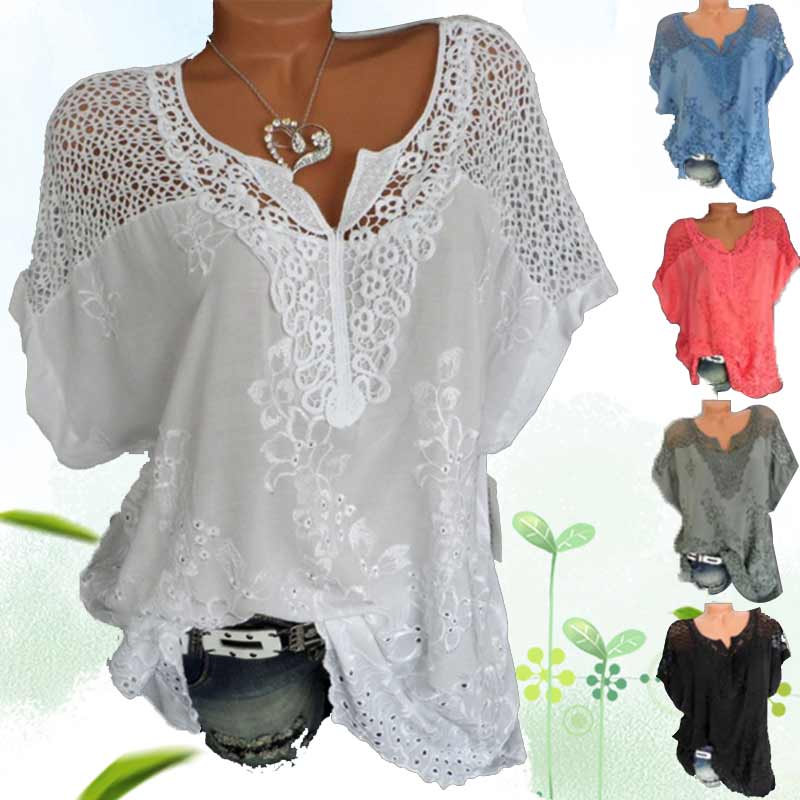 Women's Lace Embroidered Short-sleeved Bat Shirt