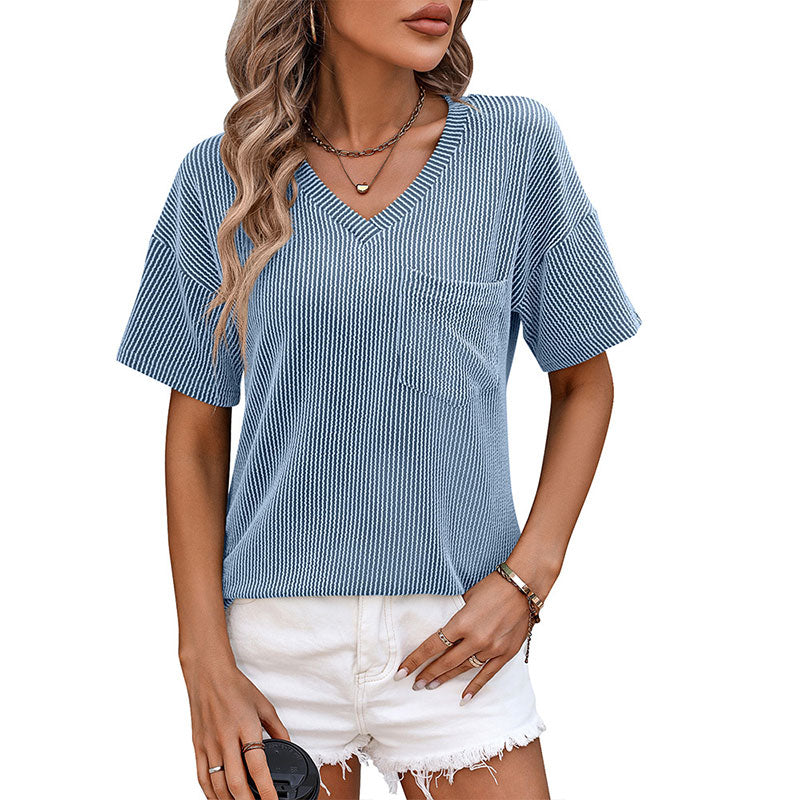 Women's Plain Textured Pocket V Neck Tee
