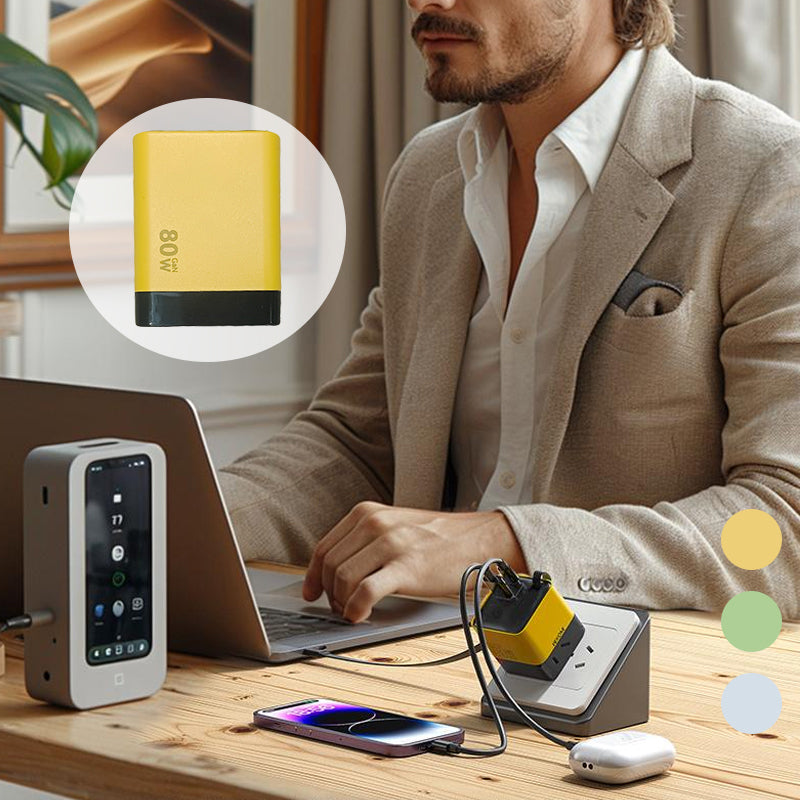 3 in 1 GaN Charger, Scalable 80W MAX fast charger module with Type-C cable and 2 USB ports