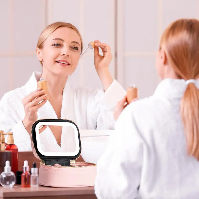 Dopamine Color PU Waterproof Makeup Bag with LED Touch Light & Detachable Mirror