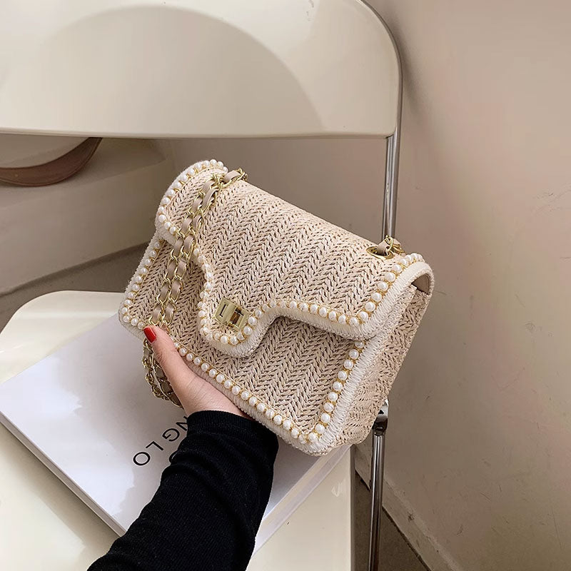 Elegant Faux Pearl Decor Straw Braid Shoulder Bag