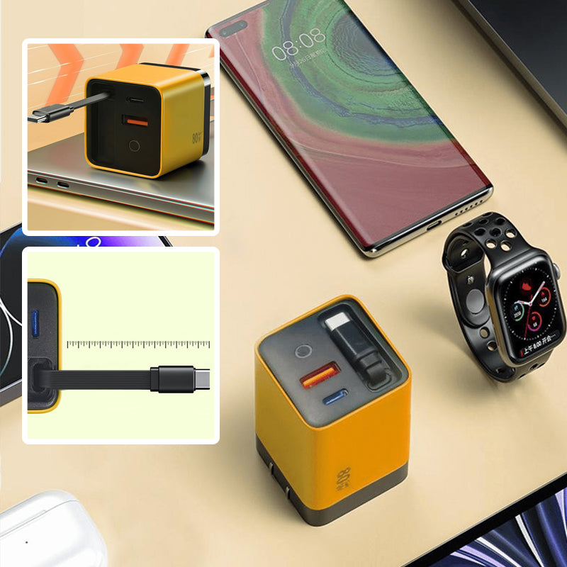 3 in 1 GaN Charger, Scalable 80W MAX fast charger module with Type-C cable and 2 USB ports