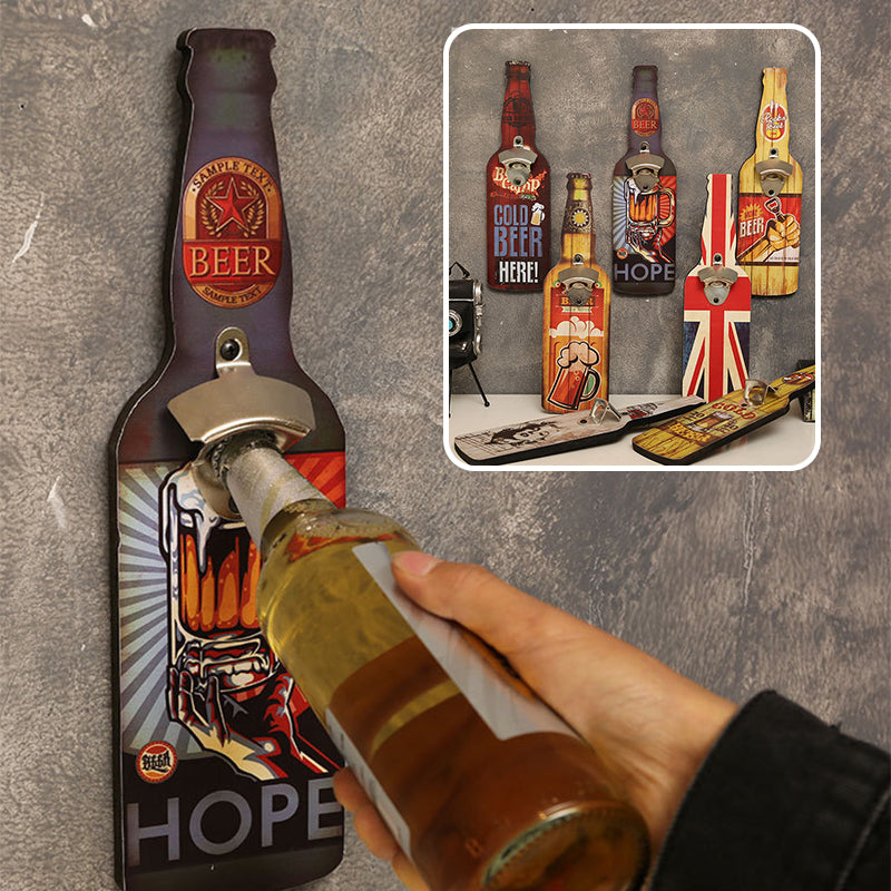 Wall-Mounted Vintage Bottle Opener with Custom Wood Sign