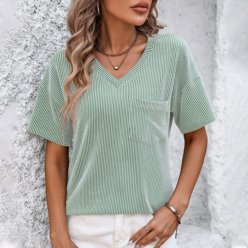 Women's Plain Textured Pocket V Neck Tee