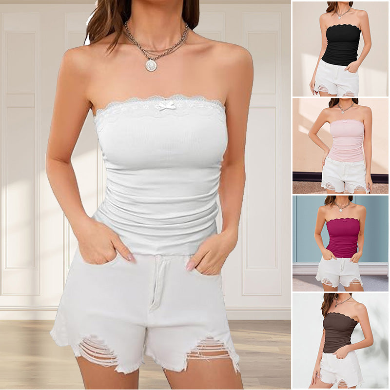 Women's Contrast Lace Bow Decor Crop Tube Top