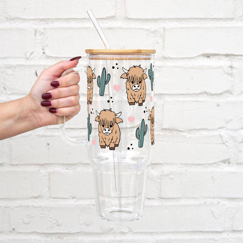 Highland Cow & Cactus Glass Tumbler with Lid and Straw