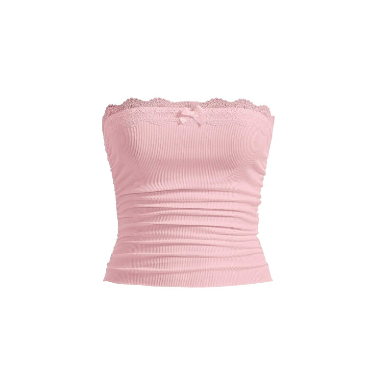 Women's Contrast Lace Bow Decor Crop Tube Top