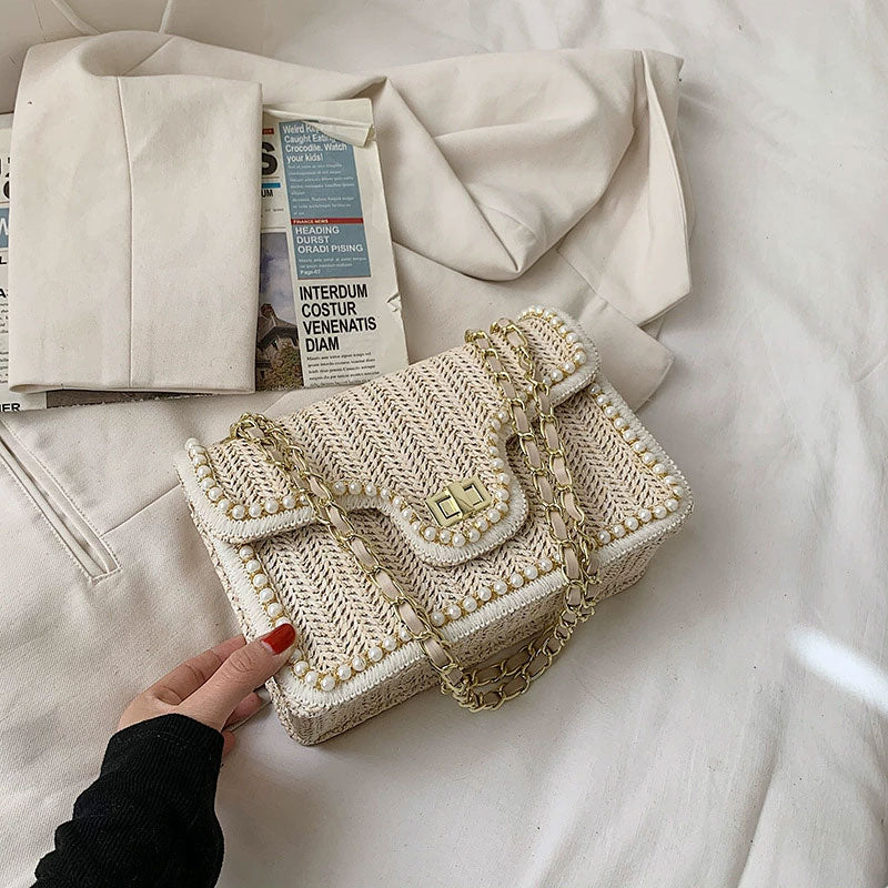 Elegant Faux Pearl Decor Straw Braid Shoulder Bag