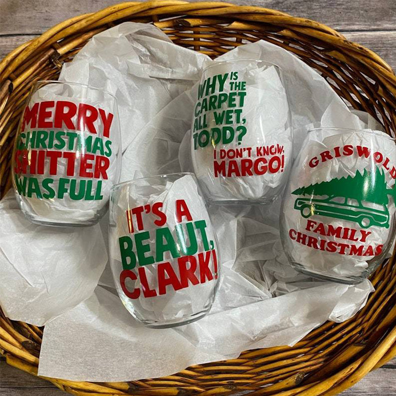 Christmas Vacation Themed Holiday Stemless Wine Glasses