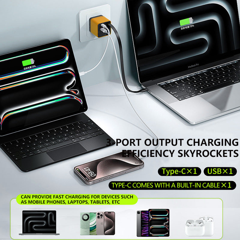 3 in 1 GaN Charger, Scalable 80W MAX fast charger module with Type-C cable and 2 USB ports