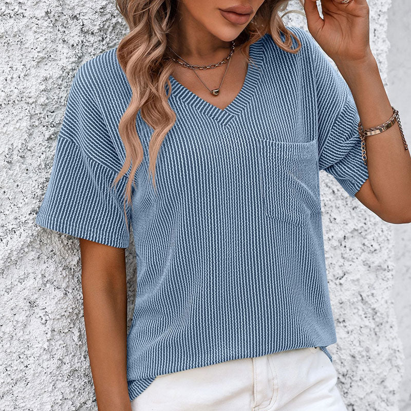 Women's Plain Textured Pocket V Neck Tee