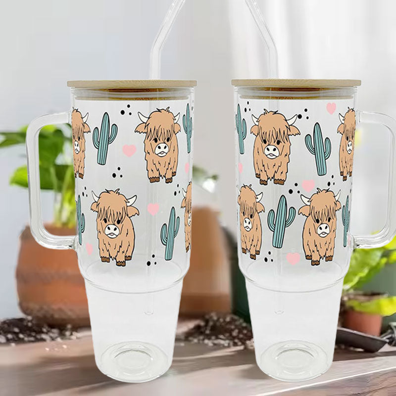 Highland Cow & Cactus Glass Tumbler with Lid and Straw