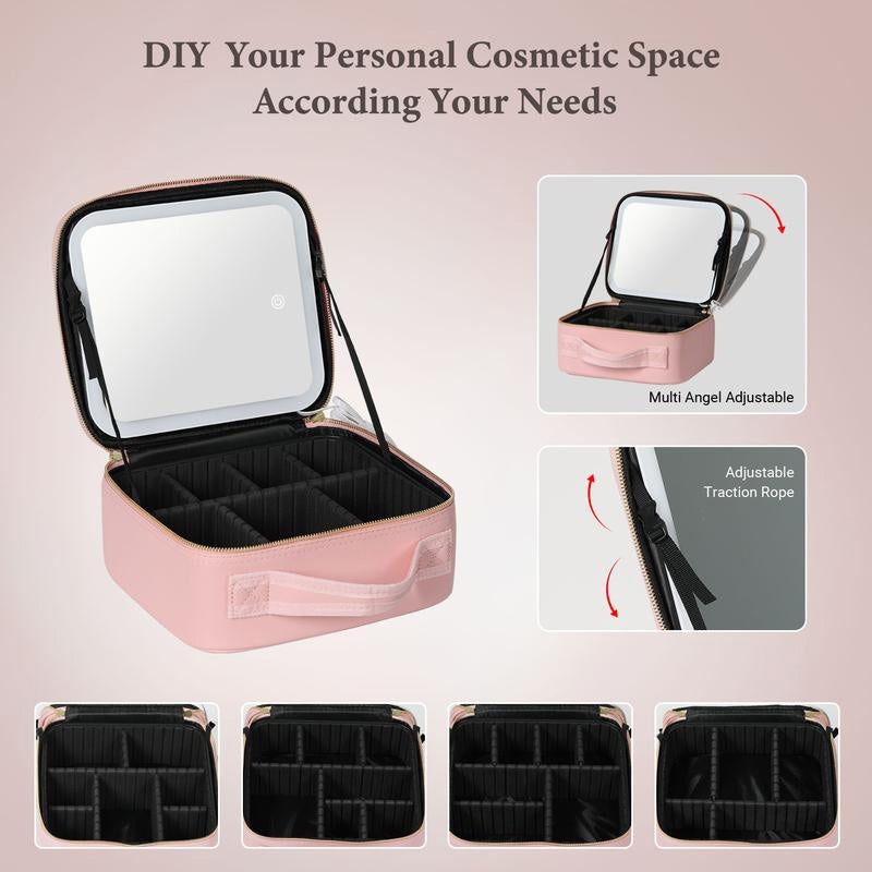 Travel Makeup Case with LED Mirror and Adjustable Dividers
