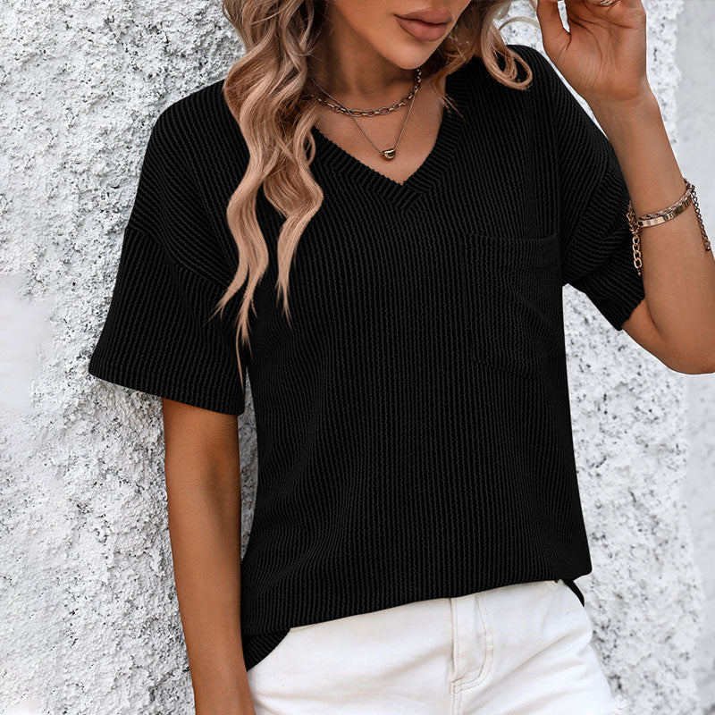 Women's Plain Textured Pocket V Neck Tee
