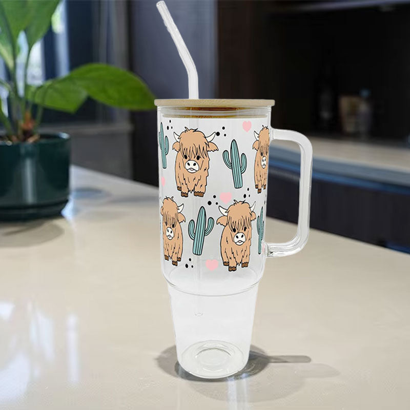 Highland Cow & Cactus Glass Tumbler with Lid and Straw