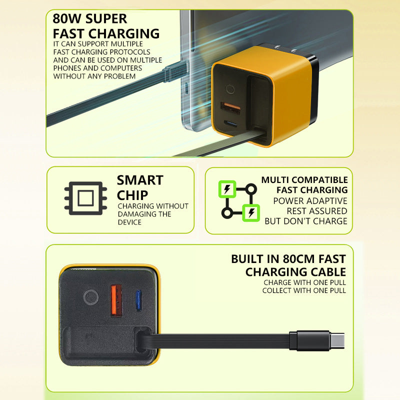 3 in 1 GaN Charger, Scalable 80W MAX fast charger module with Type-C cable and 2 USB ports