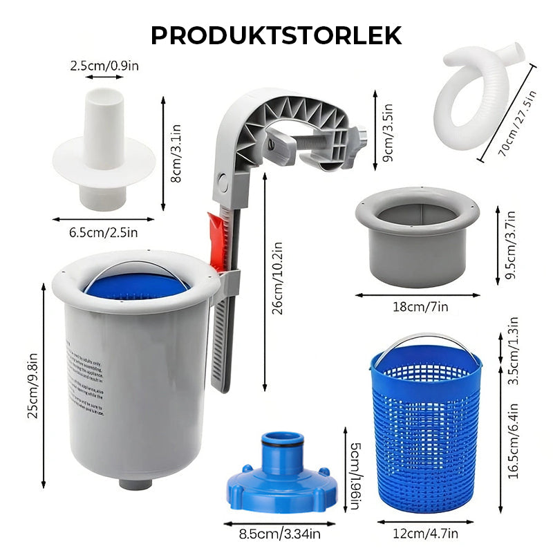 Flytande poolskimmer med monteringsfäste