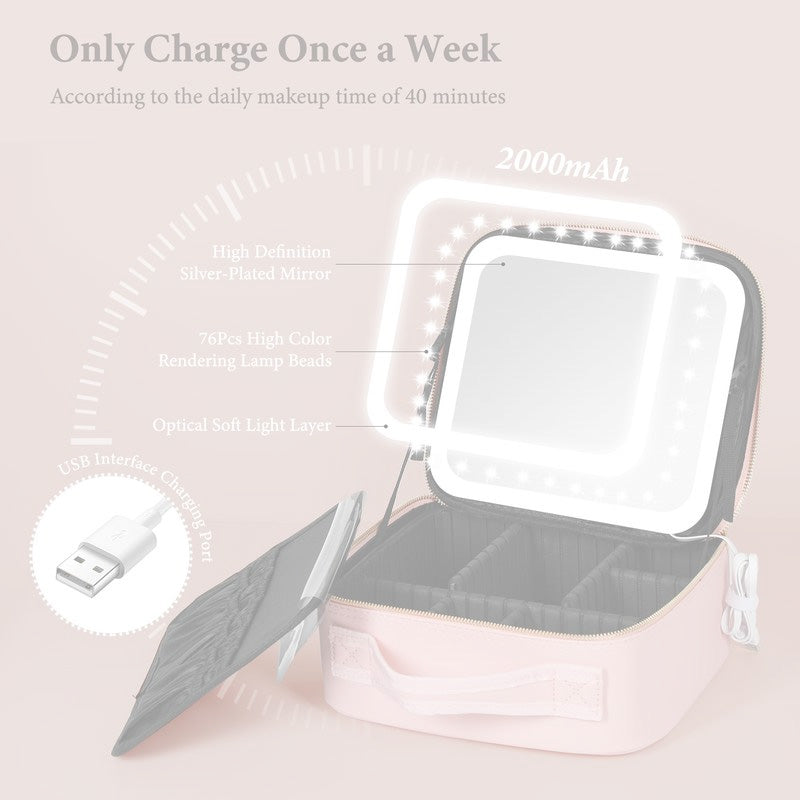 Travel Makeup Case with LED Mirror and Adjustable Dividers
