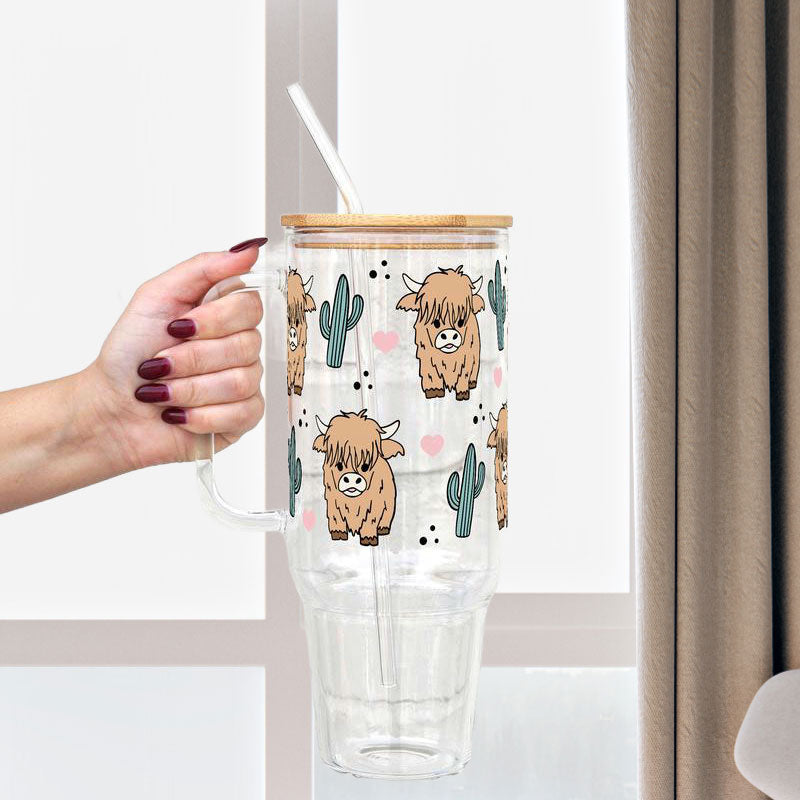 Highland Cow & Cactus Glass Tumbler with Lid and Straw