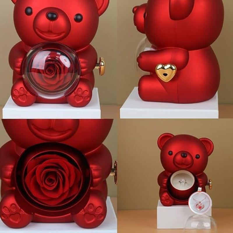Heart-Shaped Pendant Necklace with Bear & Rose Gift Box