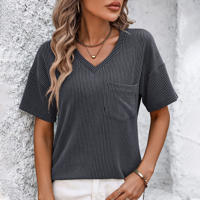 Women's Plain Textured Pocket V Neck Tee