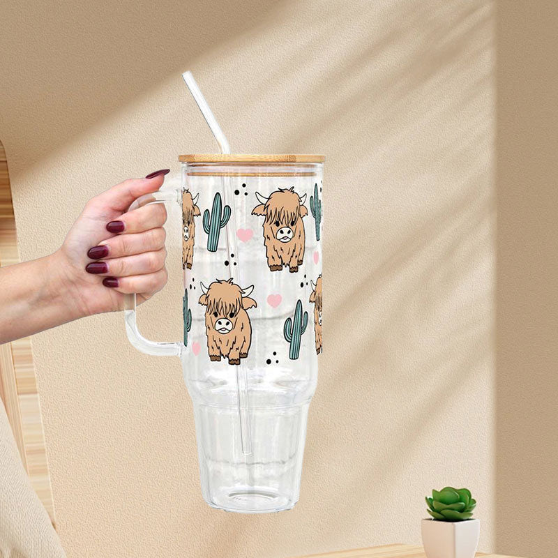 Highland Cow & Cactus Glass Tumbler with Lid and Straw