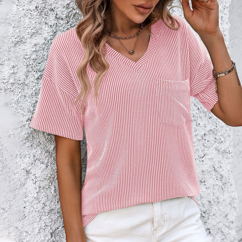 Women's Plain Textured Pocket V Neck Tee