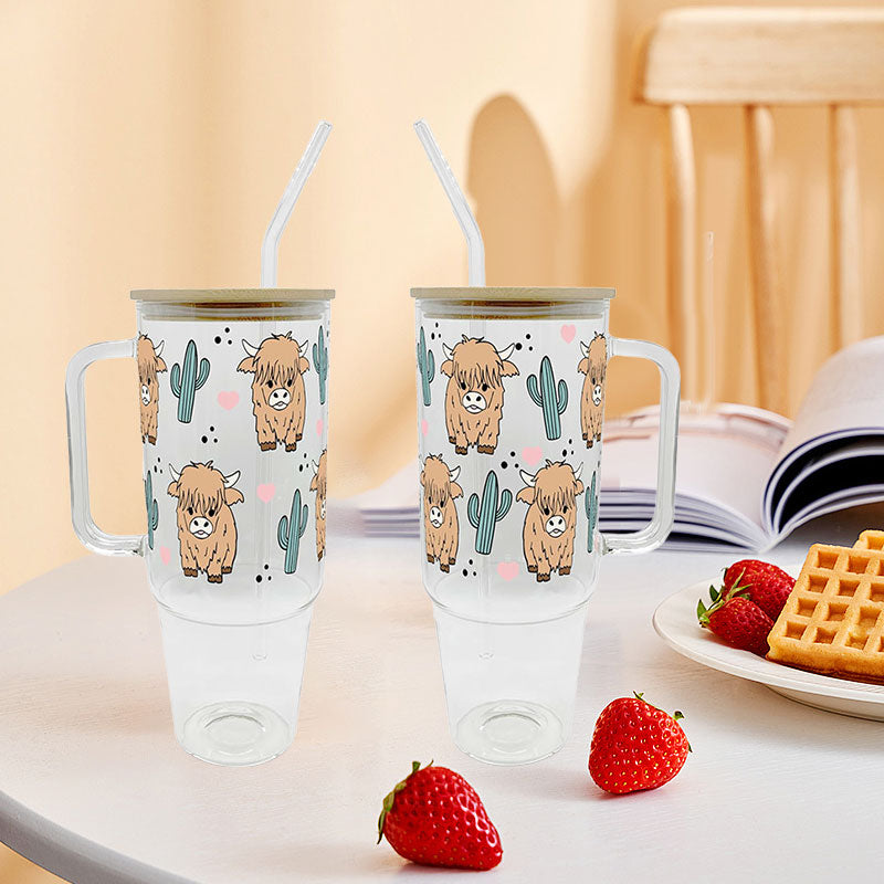 Highland Cow & Cactus Glass Tumbler with Lid and Straw