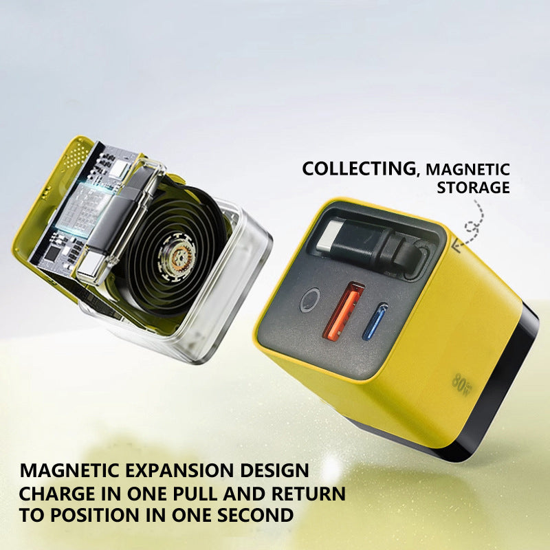 3 in 1 GaN Charger, Scalable 80W MAX fast charger module with Type-C cable and 2 USB ports