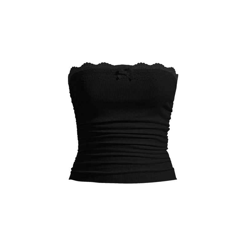 Women's Contrast Lace Bow Decor Crop Tube Top