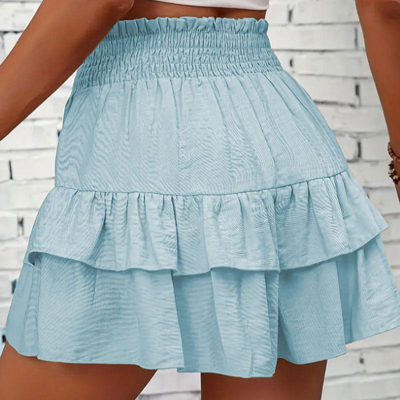 Women's Frill Trim Ruffle Hem Shirred High Waist Shorts