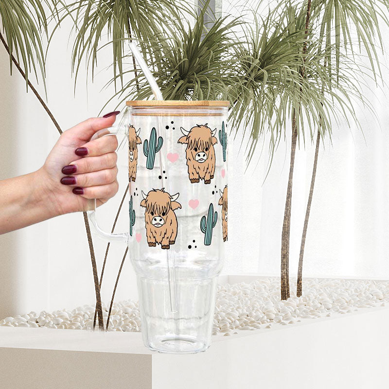 Highland Cow & Cactus Glass Tumbler with Lid and Straw