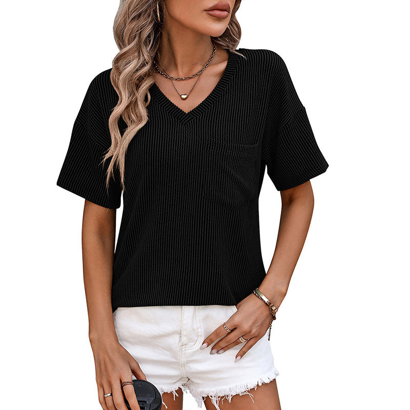 Women's Plain Textured Pocket V Neck Tee