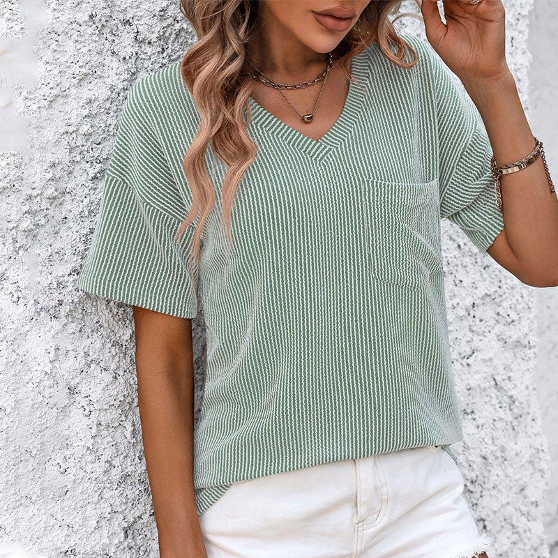 Women's Plain Textured Pocket V Neck Tee