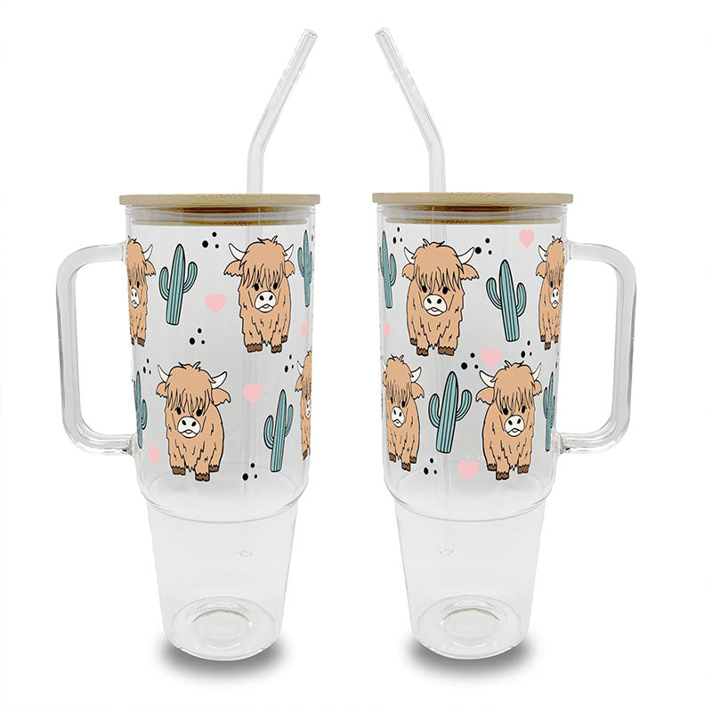 Highland Cow & Cactus Glass Tumbler with Lid and Straw