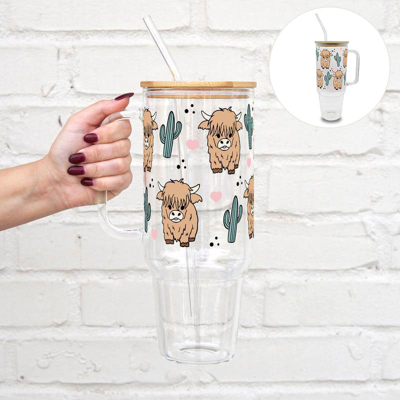 Highland Cow & Cactus Glass Tumbler with Lid and Straw