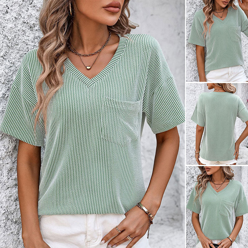 Women's Plain Textured Pocket V Neck Tee