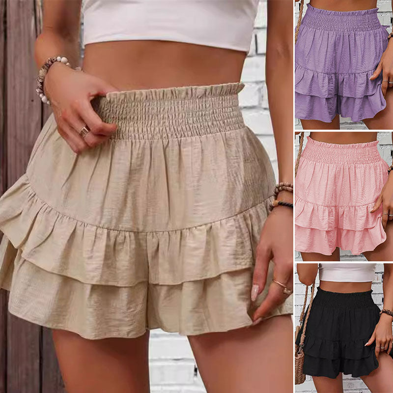 Women's Frill Trim Ruffle Hem Shirred High Waist Shorts
