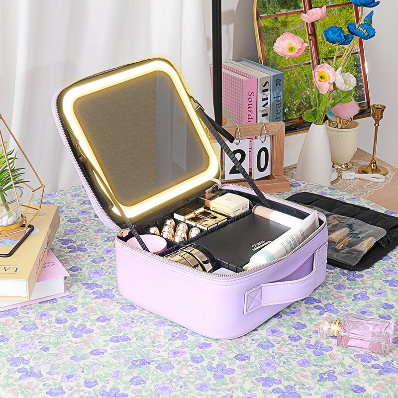 Travel Makeup Case with LED Mirror and Adjustable Dividers