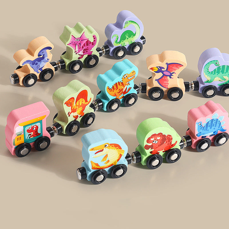 Digitalt magnetiskt tågpussel med leksaksbil i trä