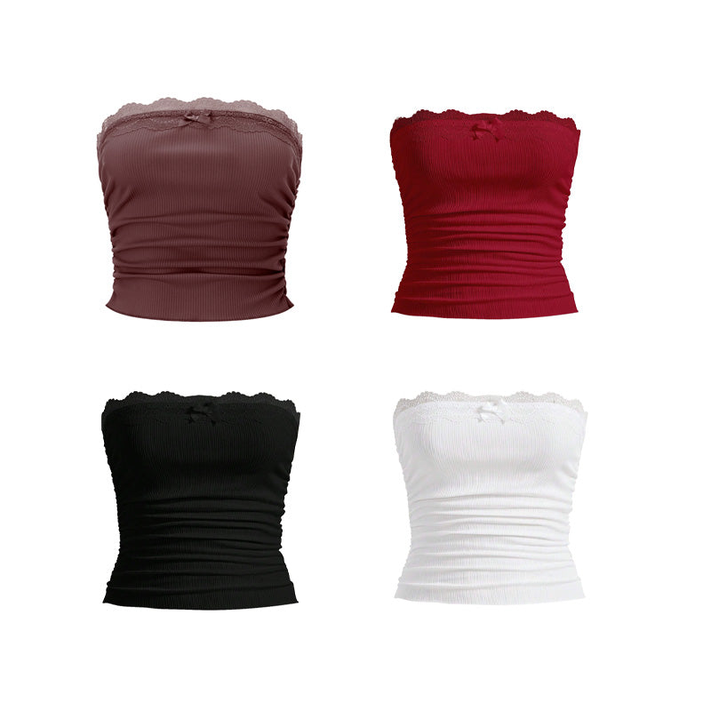 Women's Contrast Lace Bow Decor Crop Tube Top