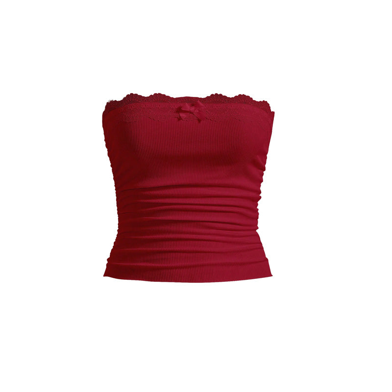 Women's Contrast Lace Bow Decor Crop Tube Top