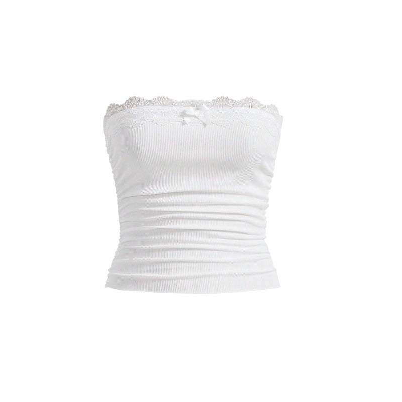 Women's Contrast Lace Bow Decor Crop Tube Top