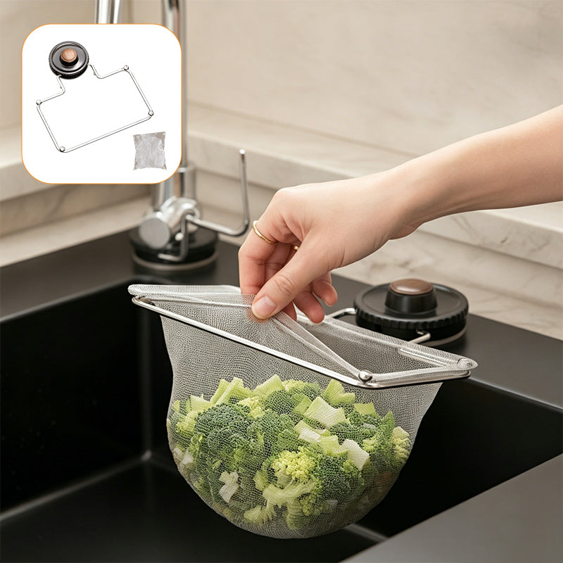 Premium Foldable Suction Cup Kitchen Sink Drain Rack with 50 Fine Mesh Filter Bags