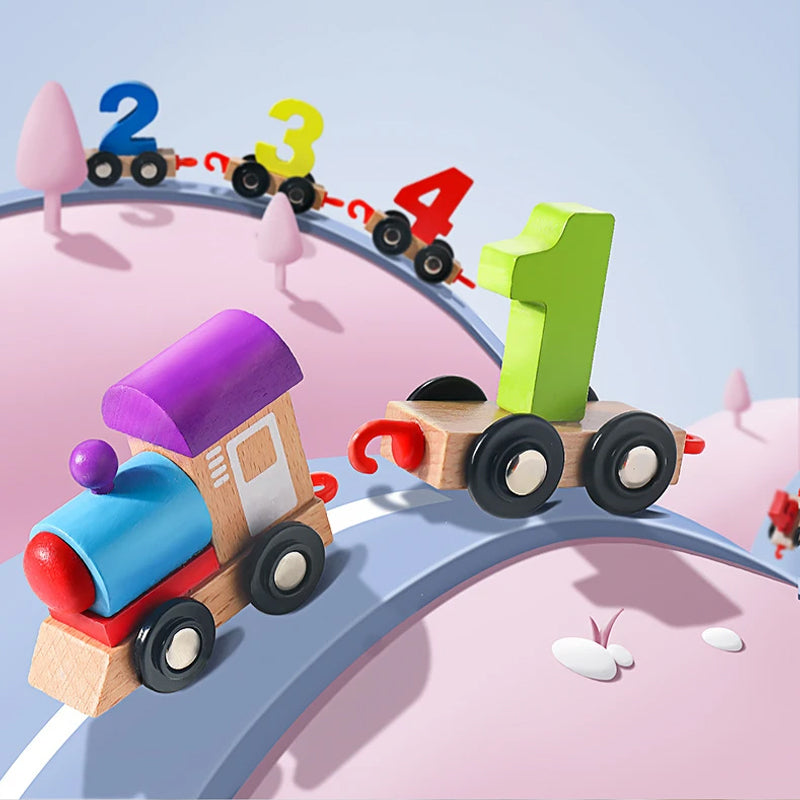 Digitalt magnetiskt tågpussel med leksaksbil i trä